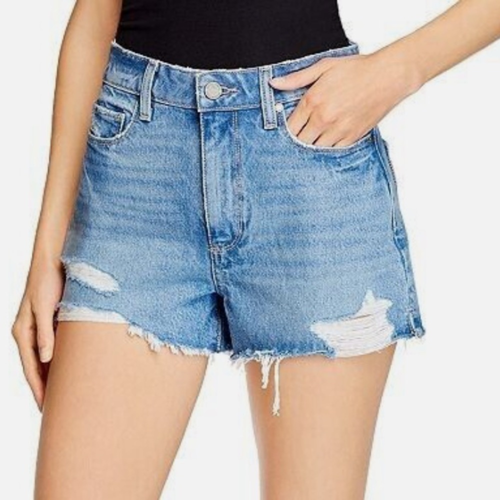 PAIGE Blue Jean Shorts with Distressed Hem